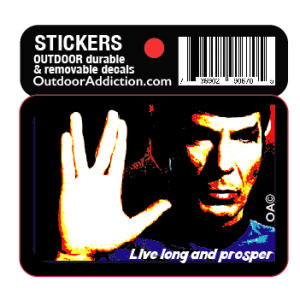 Trekkie - Spock says- "Live long and prosper" 2.5 x 2 inches cell phone sticker Mark your cell phone or any other item with these great designs sized perfectly for items like computers especially cell phones but works bigger items like your car too! Dimensions: 2.5" x 1.5 inch -printed vinyl Outdoor durable and ultra removable Waterproof